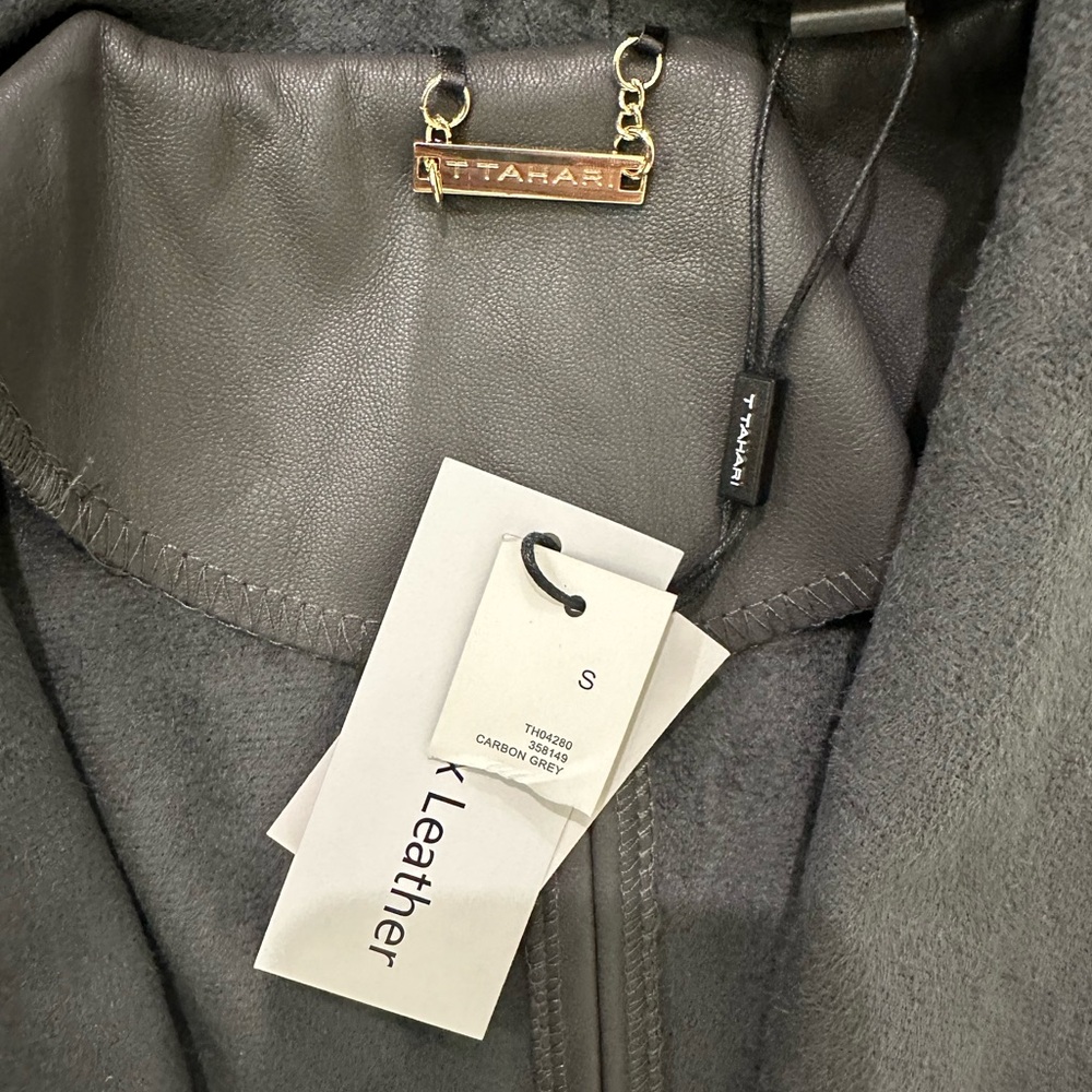 T. Tahari Faux Suede Leather Waterfall Open Front Vest Grey size Small - Picture 14 of 16